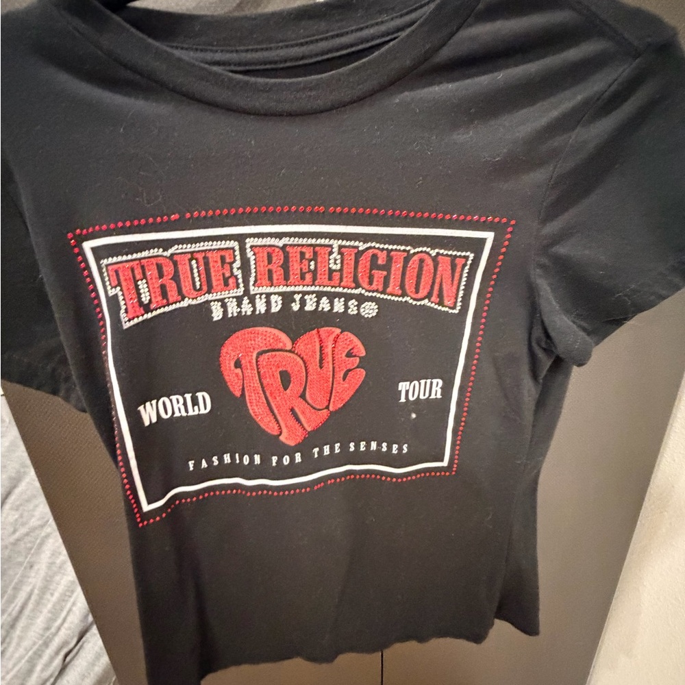 True Religion Black Tee with Red and White Graphic